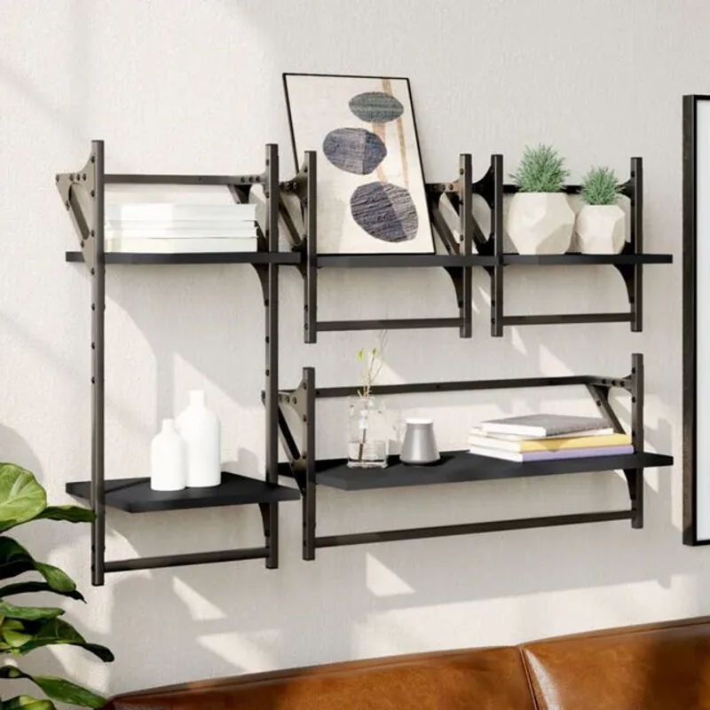 4-tlg. Wandregal-Set im Industrial-Design von Vidaxl aus Holzwerkstoff und Metall in Schwarz - Bild 1