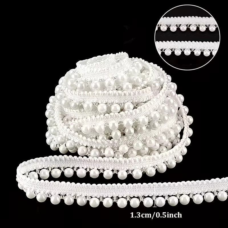 Weiße Imitationsperlen-Quastenspitze mit 6mm Perlenband, Länge: 9,14 Meter, ideal für DIY Handnähen sowie Kleidungs- und Hutdekoration - Bild 3