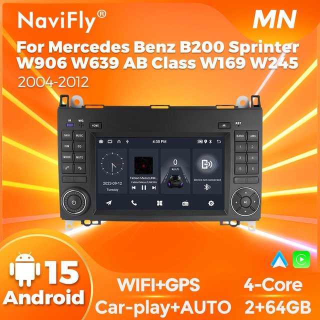 NaviFly Android 15 Autoradio mit 7 Zoll Display und Wireless CarPlay für Mercedes Benz B200 Klasse Sprinter W906 Viano Vito W639 in Schwarz - Bild 1