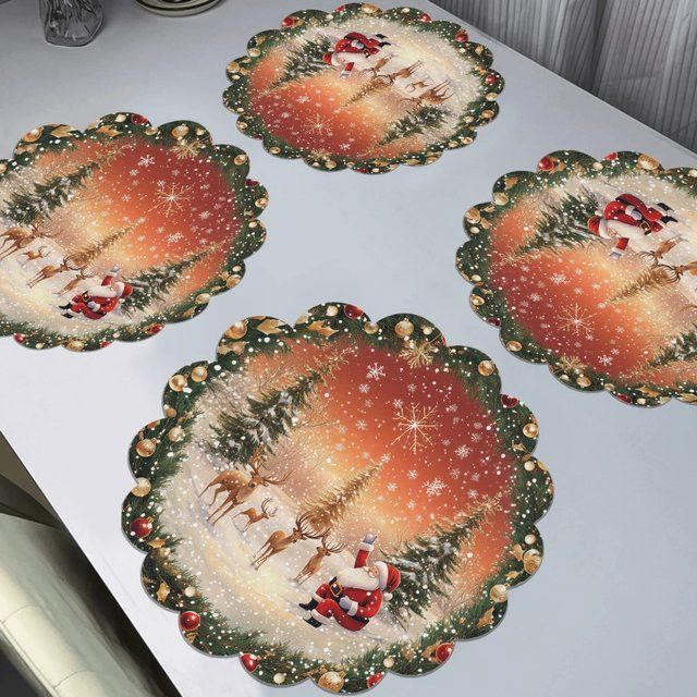 VIKAMA 4er Set Weihnachts Tischsets mit Weihnachtsmann und Rentier Motiv, runde Tischsets mit Schneeflocken und gewelltem Rand für deine Weihnachtsdekoration - Bild 1