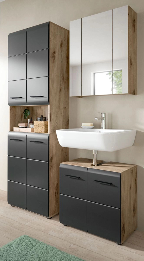 Badmöbel Set Cover von Inn.Furn in Schwarz und Eiche, 3-teilig, modern, Wandmontage, Breite: 135 cm, Höhe: 185 cm, Tiefe: 30 cm - Bild 1
