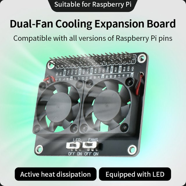 SHCHV Aktiver Kühler für Raspberry Pi 5, 4B, 3B+ mit Dual-Lüfter, GPIO-Erweiterungsplatine, EIN/AUS-Schalter und LED-Licht in Schwarz - Bild 1