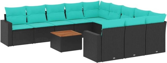 vidaXL 12-teilige Garten-Sofagarnitur aus Poly-Rattan und Akazienholz in Schwarz mit blauen Kissen - Bild 1