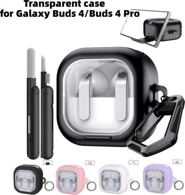 Transparente kratzfeste Schutzhülle für Samsung Galaxy Buds 4 Pro und Buds 4 mit Verschluss und Handyständer - Bild 1