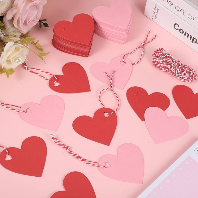 100 Stück herzförmige Geschenkanhänger aus Papier in Rot mit Schnüren für Hochzeit, Valentinstag und Dekorationen - Bild 1
