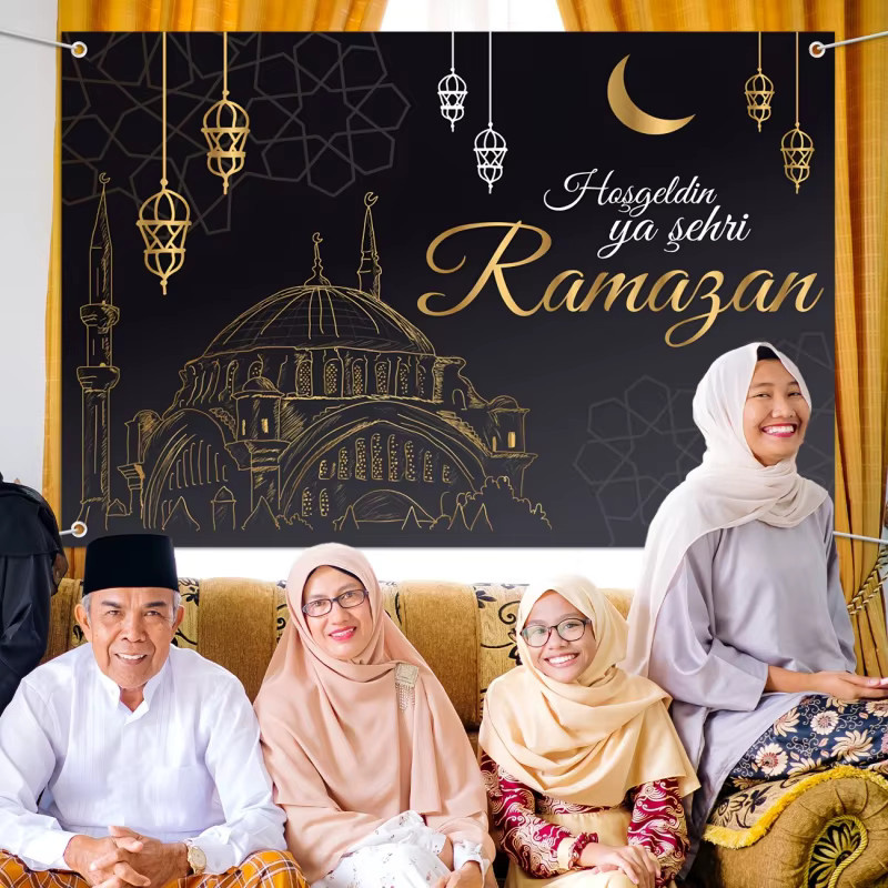 VIKAMA Willkommen Ramadan Banner Wandbehang in Schwarz mit orientalischem Mond- und geometrischem Design - Bild 3