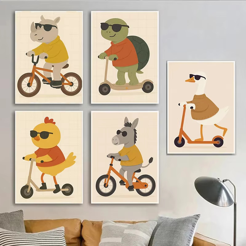 Potdemiel Wandkunst Leinwand mit lustigen Tieren auf Skateboards für das Kinderzimmer, Mehrfarbig - Bild 1