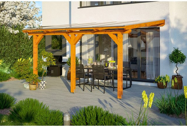 Skan Holz Terrassenüberdachung Andria aus Leimholz Eiche hell mit Polycarbonat-Dach B/T/H: 434 x 300 cm - Bild 1