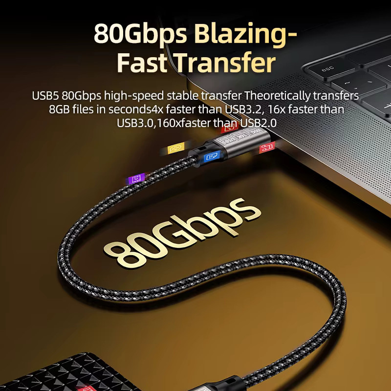 WANJEED USB-C-auf-USB-C-Kabel, 240W 5A Schnellladekabel, 80Gbps Datenübertragung und 16K@60Hz Videoausgabe, geflochten, Schwarz - Bild 2