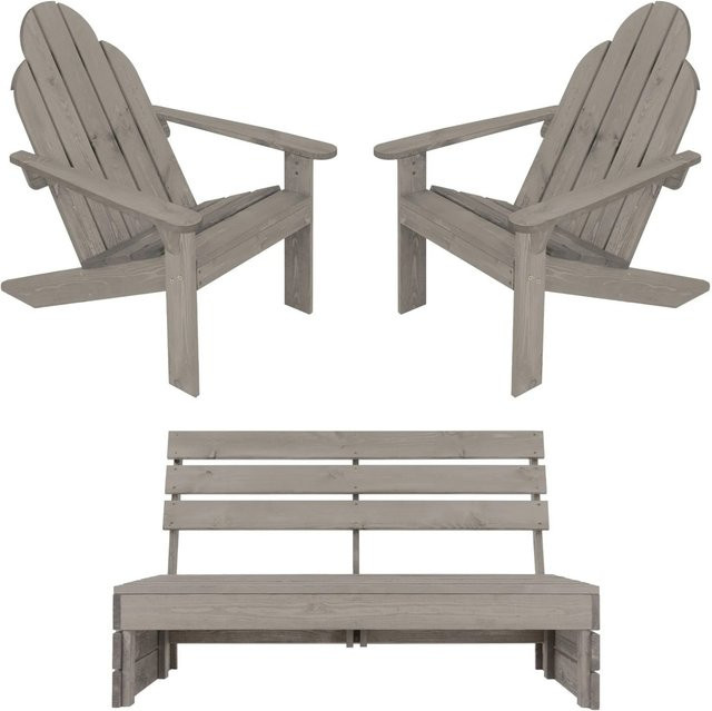 ECD Germany 3-teiliges Gartenmöbel Set aus Massivholz Tanne in Grau ML-Design bestehend aus einer 3-Sitzer Gartenbank mit B/T/H: 120 x 70 x 76,5 cm und zwei Adirondack Gartenstühlen mit B/T/H: 70 x 89 x 92,5 cm - Bild 2