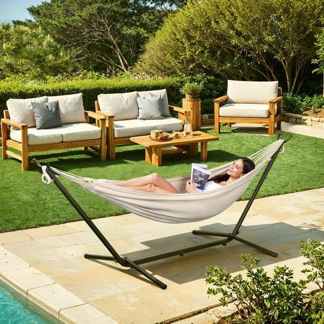 EUGAD Tragbare Doppel-Hängematte mit robustem Gestell für 2 Personen, Farbe Anthrazit, B/T/H: 280 x 106 x 100 cm - Bild 1