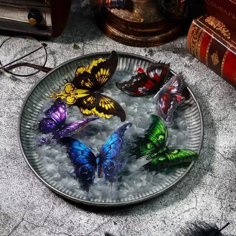 12 Stück Gothic Schmetterling Aufkleber im Retro-Stil mit Bronzing-Effekt, handgefertigtes Papier für Sammelalben, B: 17,1 cm, H: 10,3 cm, Mehrfarbig - Bild 2