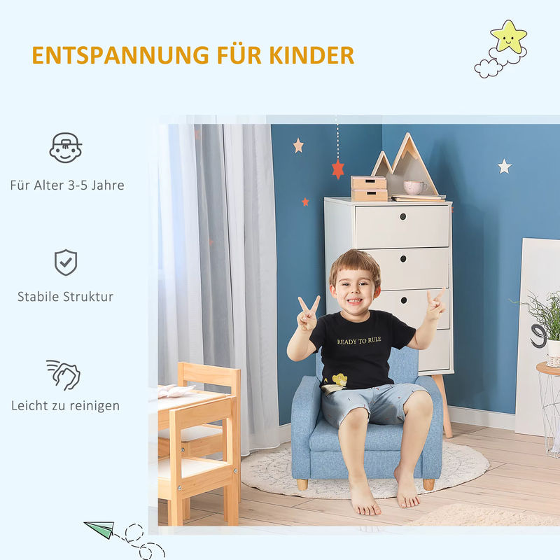 HOMCOM Kindersessel aus Leinen und Schaumstoff mit Holzfüßen in Blau, B/T/H: 49 x 45 x 44,5 cm - Bild 5