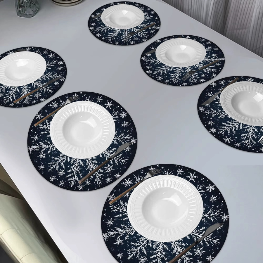 VIKAMA 6-teiliges Set Weihnachts-Tischsets aus Leinen mit Schneeflocken-Design, Blau, Rund, Durchmesser: 38 cm - Bild 2