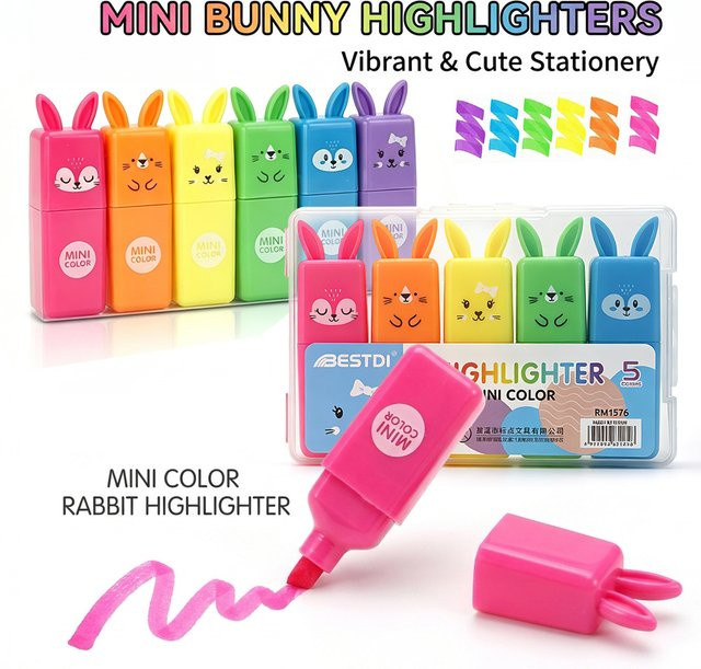 Hasen-Mini-Textmarker in Pastellfarben mit Keilspitze, wasserfeste fluoreszierende Marker für Schule und Büro, Mehrfarbig - Bild 1