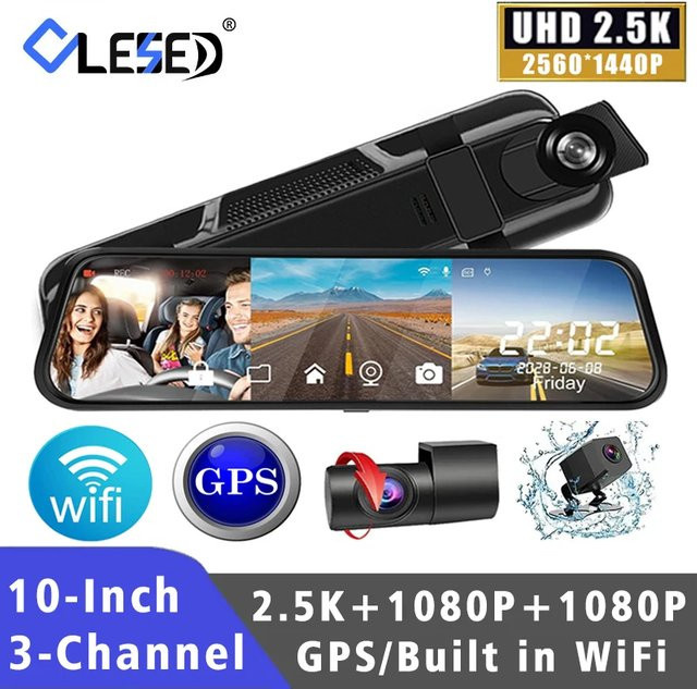 3-Kanal Dashcam mit 10 Zoll OLED-Display, Full HD Auflösung, WiFi und GPS, Rückspiegel Dashcam für dein Auto in Schwarz - Bild 1