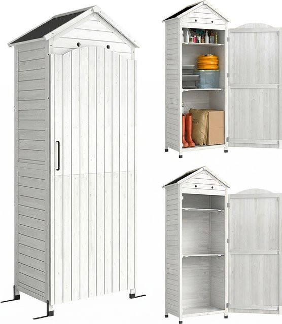 Outsunny Gartenschrank aus Tannenholz in Weiß mit verstellbaren Ablagen und magnetischen Türen, Geräteschuppen für Garten und Terrasse, B/T/H: 85 x 58 x 213 cm - Bild 1