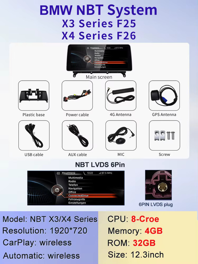 STWEI Android Multimedia System für BMW X3 F25 X4 F26 CIC NBT mit 12,3 Zoll Display, Wireless CarPlay und GPS, Schwarz - Bild 7