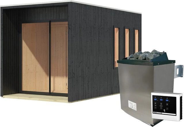 Karibu Saunahaus Cancun Set Schwarz aus Nordischer Fichte inklusive 9 kW Ofen und externer Steuerung - Bild 1