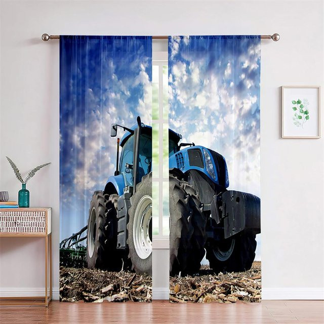 2er-Set Bauernhof Traktor Vorhänge mit 3D-Motiv in Blau, halbtransparent mit Rod Pocket für Wohnzimmer, Schlafzimmer und Küche, Breite: 75 cm, Höhe: 166 cm - Bild 1