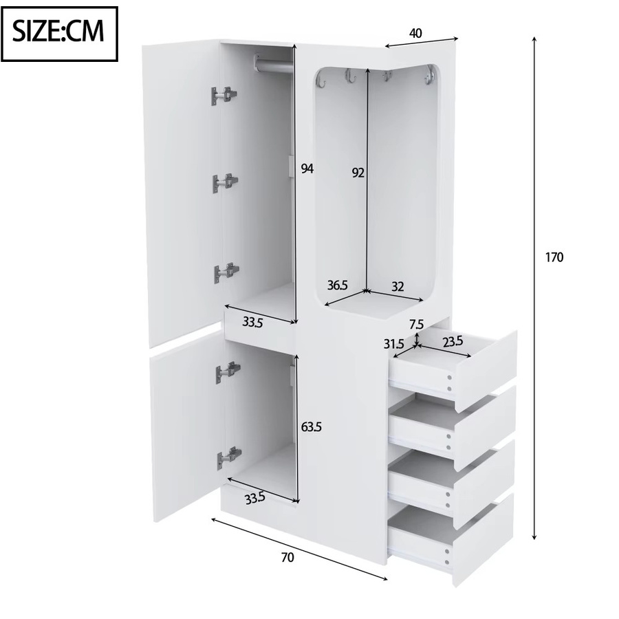BOMP Kleiderschrank Modern Weiß Matt mit Türen, Schubladen und Fächern, B/T/H: 70 x 40 x 170 cm - Bild 2