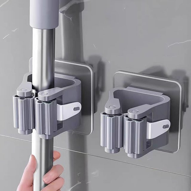 NANCY TINO Mopphalter für das Badezimmer in Weiß, selbstklebender Besenhalter aus Kunststoff zur Wandmontage ohne Bohren - Bild 1