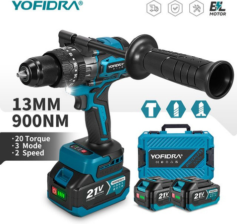 YOFIDRA Bürstenlose elektrische Schlagbohrmaschine mit 900N.M Drehmoment und 20+3 Stufen für Makita Akku-Systeme