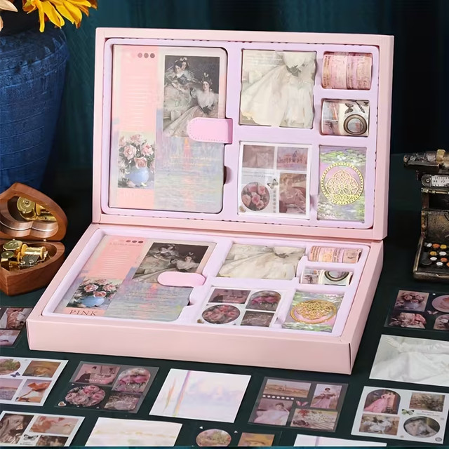 Retro Notizbuch und Tagebuch Set mit Herz-Motiv in Pink, Hardcover mit linierten Seiten aus Papier in der Ölgemälde-Serie - Bild 1