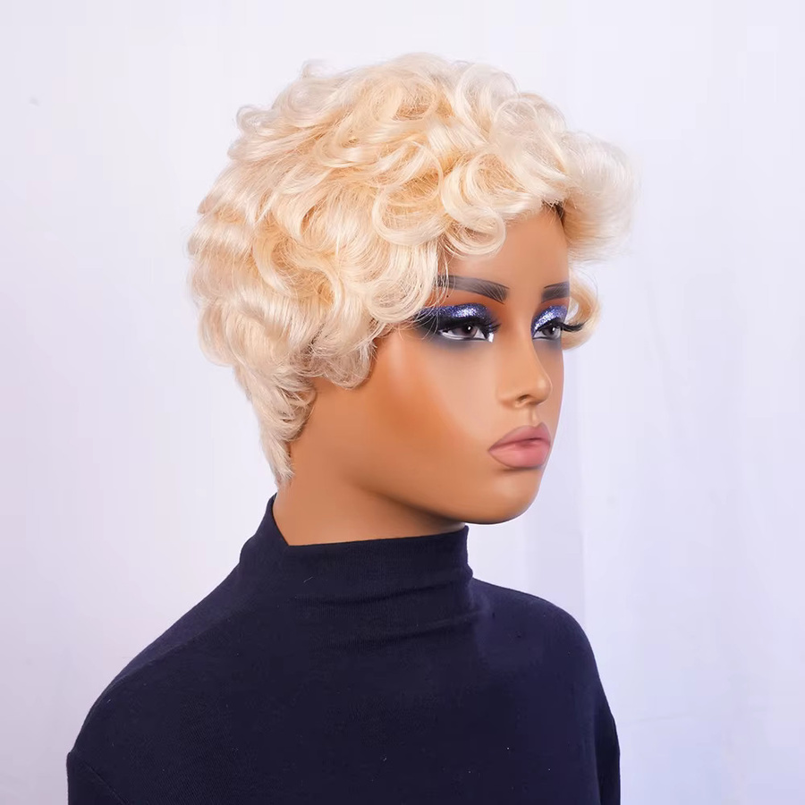 OYM HAIR Blonde Pixie-Schnitt-Perücke, kurzes lockiges Echthaar, Damen - Bild 4