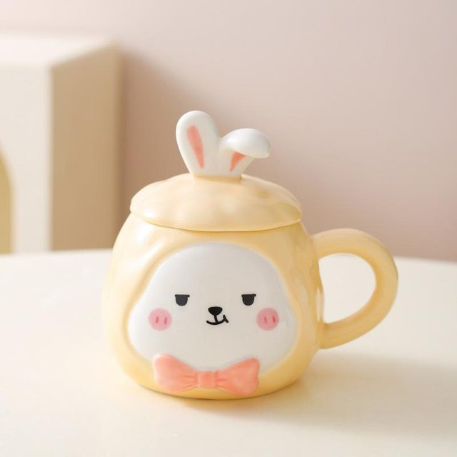 Kreative Cartoon-Keramiktasse mit Deckel von Yiran bag in Pink, Grün oder Gelb, Volumen: 500 ml - Bild 1