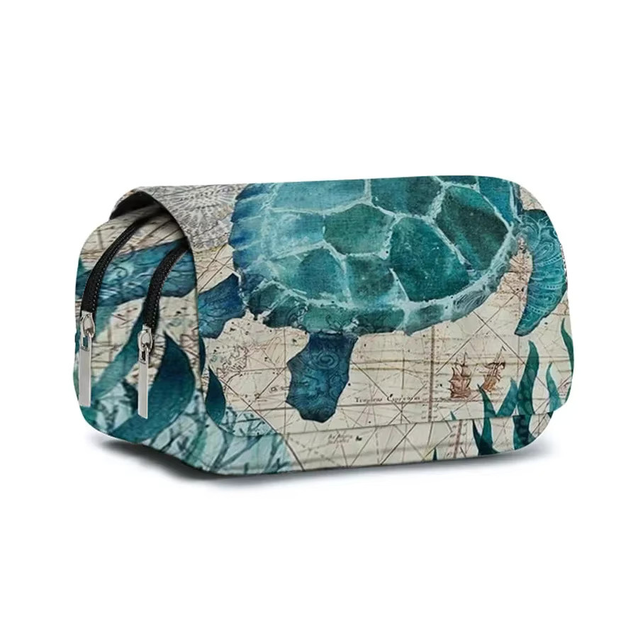 Sea Turtle Stationery Doppelschichtiges Flip-Stiftetui mit 2D-Cartoon-Design für Kinder, Grün, Polyester - Bild 2