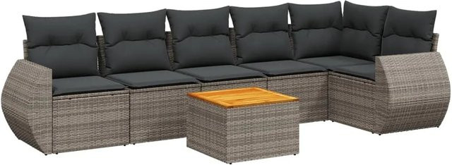 vidaXL 7-tlg Garten-Sofagarnitur in L-Form aus grauem Poly-Rattan mit Kissen und pulverbeschichtetem Stahlgestell - Bild 1
