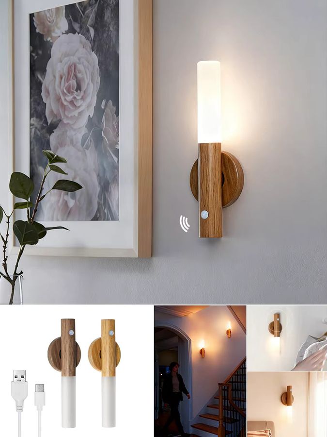 YNL Magnetische LED-Wandleuchte mit PIR-Bewegungsmelder und 360 Grad Rotation in Holzmaserung, wiederaufladbare Nachtlicht Lampe - Bild 6