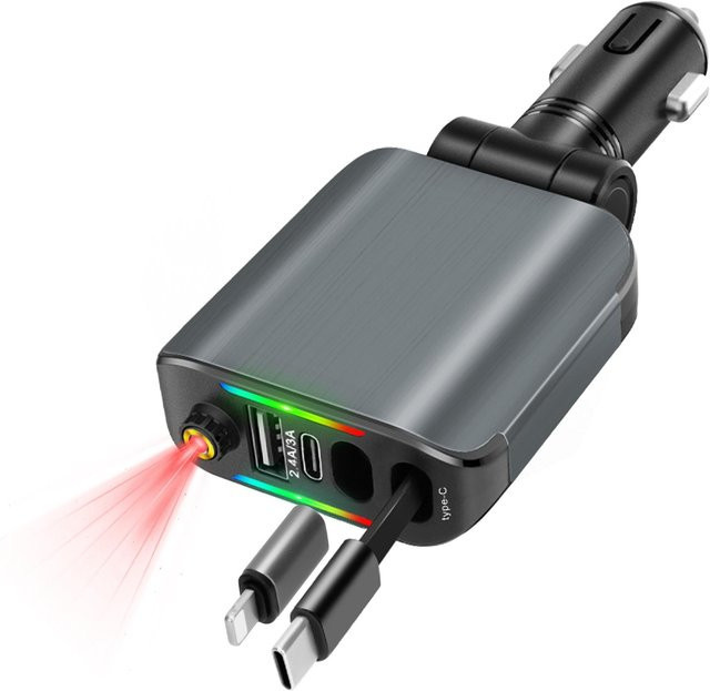 YJMP Auto Parts 4-in-1 Einziehbares Autoladegerät mit Sternenhimmel-Dach-Effekt, 120W USB-C und USB-A Adapter in Grau für iPhone und Samsung - Bild 1