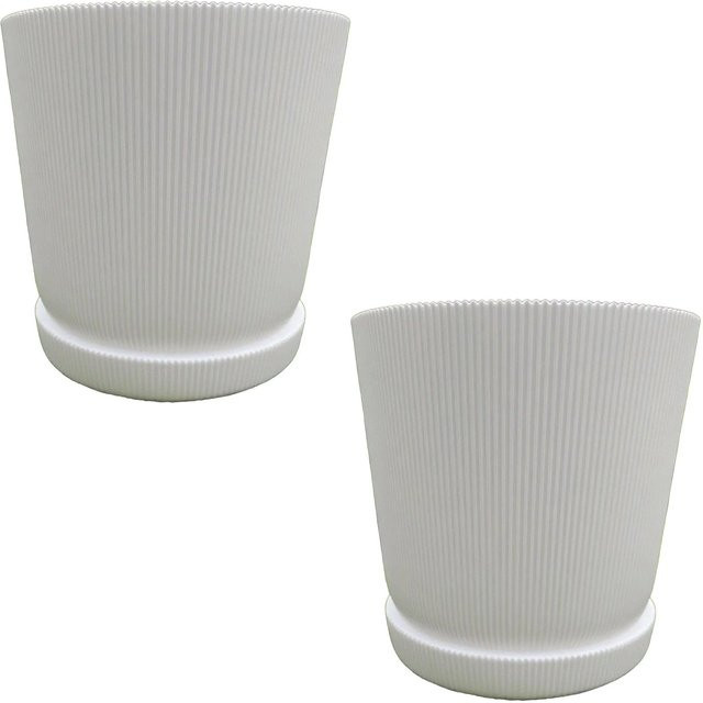 Relaxdays Blumentopf mit Untersetzer 2er Set aus Kunststoff in Weiß, rund mit Rippung, Durchmesser: 20 cm, Höhe: 20 cm - Bild 1
