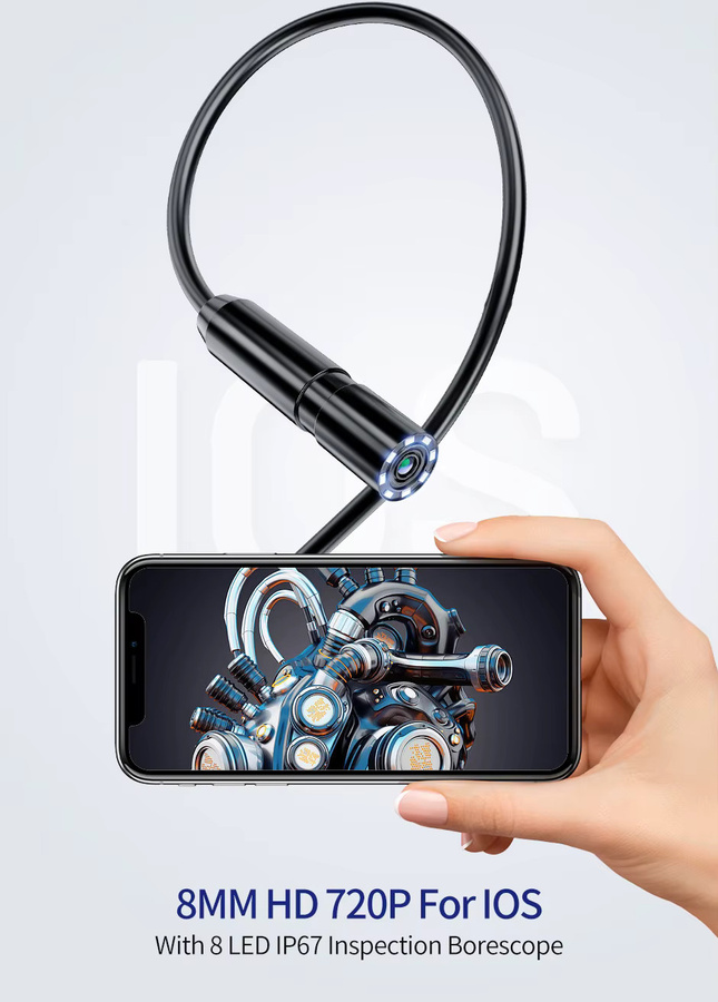 GUANMOU Endoskopkamera mit 8 mm Durchmesser und LED-Licht, IP67 wasserdicht, USB-C Anschluss für Android und iOS, Schwarz - Bild 3