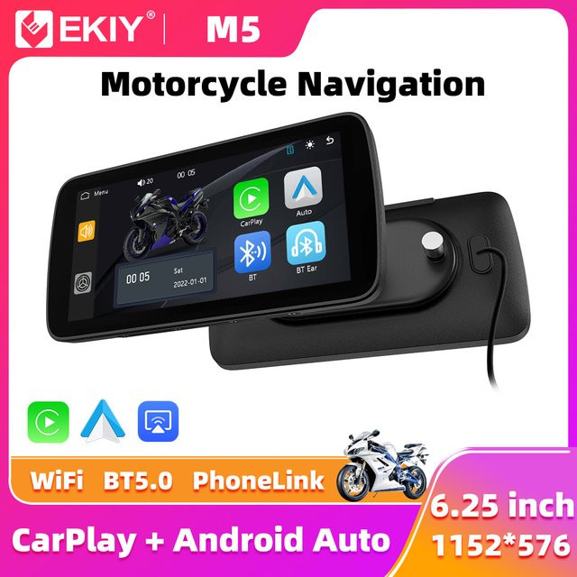 EKIY Tragbares digitales Motorrad-Armaturenbrett mit 6,25 Zoll GPS-Navigation, abnehmbarem Bildschirm, drahtlosem CarPlay und Android Auto sowie TPMS in Schwarz - Bild 1