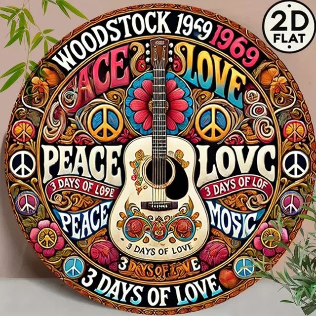 Potdemiel Wanddekoration Retro Design mit Gitarre und Blumen in Multicolour, Metall, Durchmesser: 20 cm - Bild 1