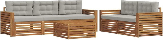vidaXL Outdoor-Sofagarnitur aus Akazienholz mit Kissen, 6-teilig, Natur und Hellgrau - Bild 1