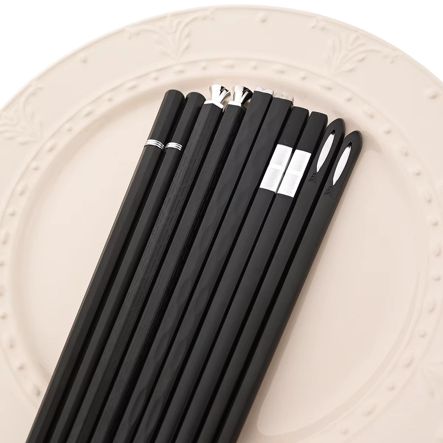 5 Paar Zoseil Sushi-Essstäbchen aus schwarzer Metalllegierung mit rutschfestem Griff und mattem Finish - Bild 3