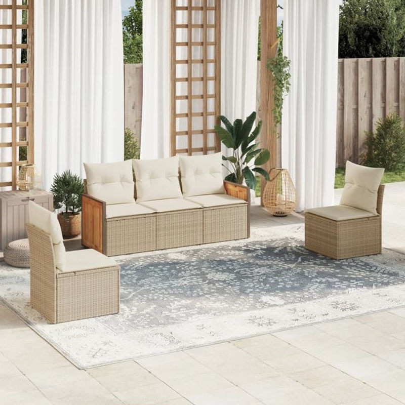 Vidaxl Gartenmöbel-Set aus Polyrattan mit 5 Teilen und Kissen, Beige - Bild 1