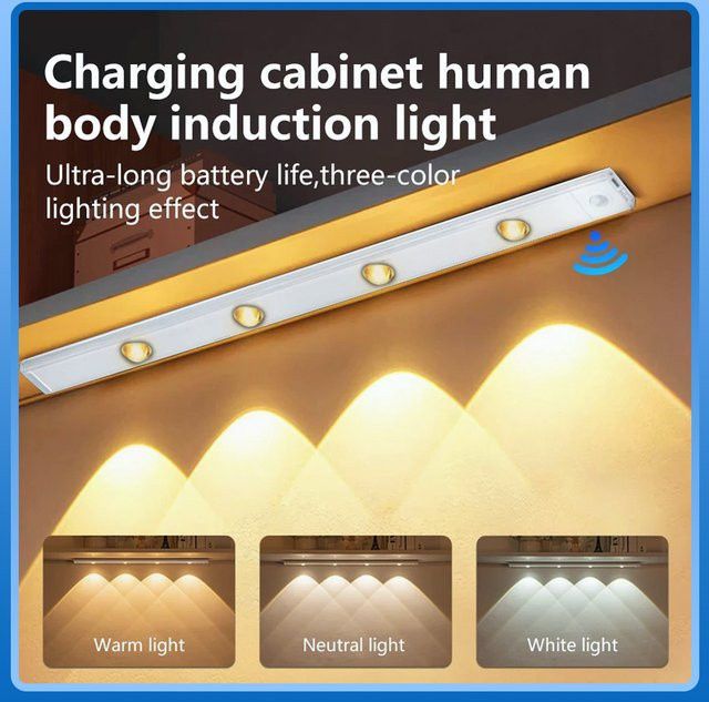 GGBEE USB wiederaufladbare LED-Schrankleuchte mit Bewegungssensor und dimmbarer Lichtfarbe in Weiß - Bild 1