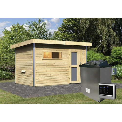 Karibu Saunahaus Schwanenburg 1 aus Fichtenholz in Beige mit 9 kW Ofen und externer Steuerung, B/T/H: 337 x 196 x 228 cm - Bild 2