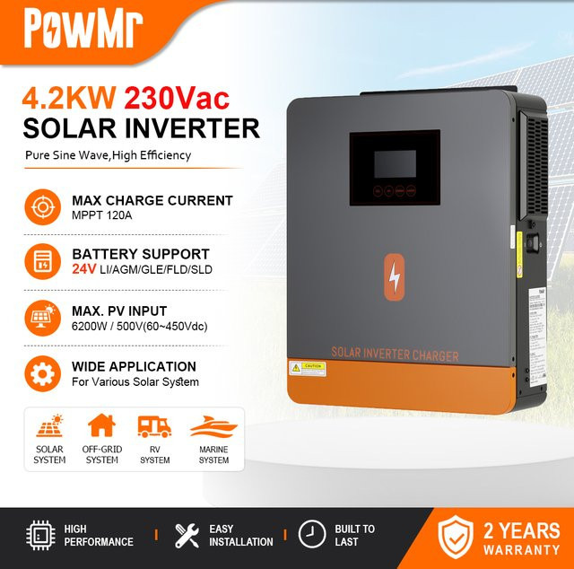 PowMr Reiner Sinus-Solarwechselrichter 4,2KW 24Vdc 230Vac mit 120A MPPT-Ladefunktion und max. 6200W 500V PV-Eingang für Solar-Backup-Systeme - Bild 1