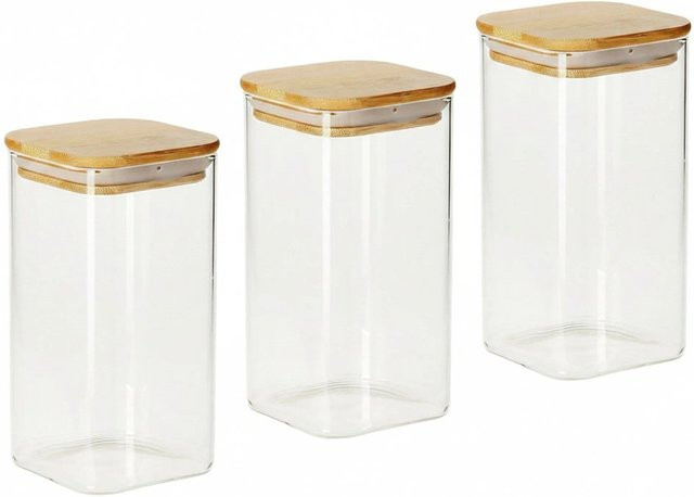 Relaxdays Vorratsgläser 3er Set aus Glas und Bambus, transparent, luftdicht, Höhe: 21 cm, Breite: 10 cm, Tiefe: 10 cm - Bild 1