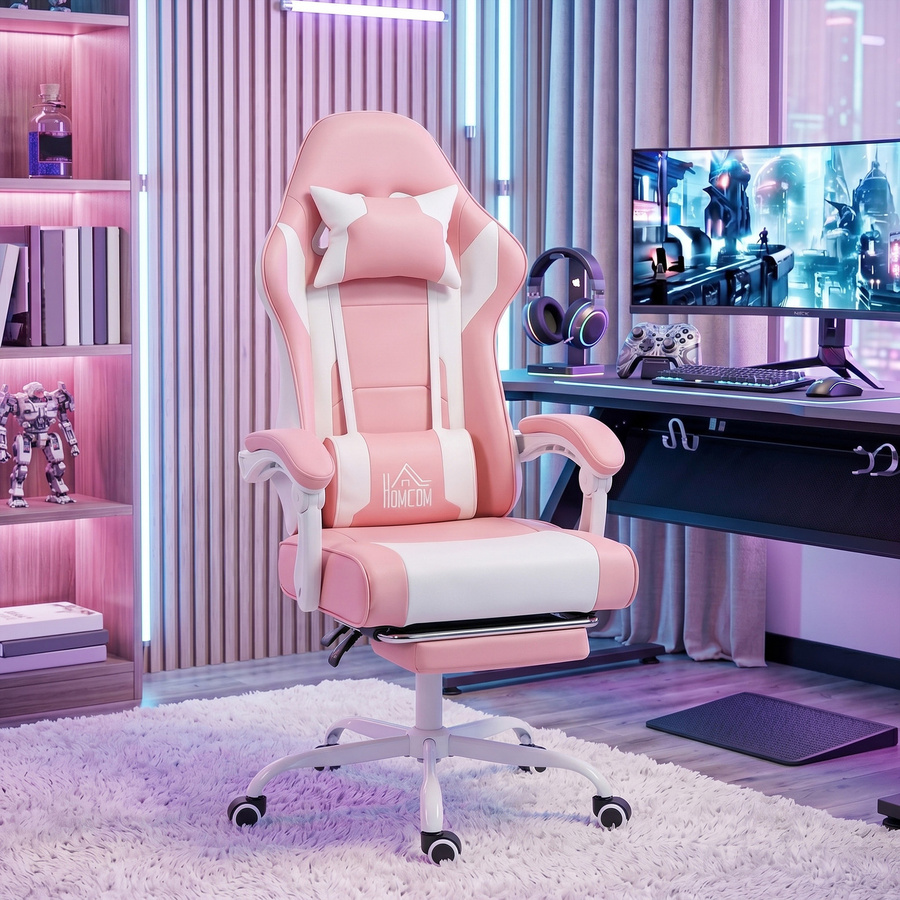 HOMCOM Ergonomischer Gaming-Stuhl mit Lendenmassage Vibration in Rosa, 155 Grad neigbar, höhenverstellbar mit Kopfstütze und ausziehbarer Fußstütze - Bild 2