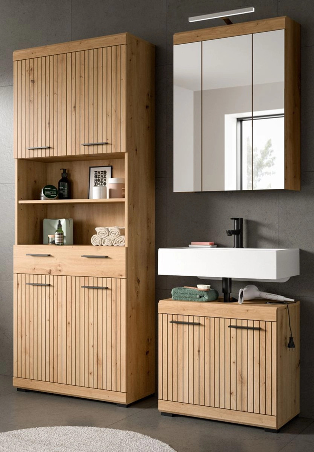 3-teiliges Badmöbel Set Shawn von Inn.Furn in Eiche Matt, bestehend aus Waschtischunterschrank, Spiegelschrank mit LED-Beleuchtung und Hochschrank - Bild 1