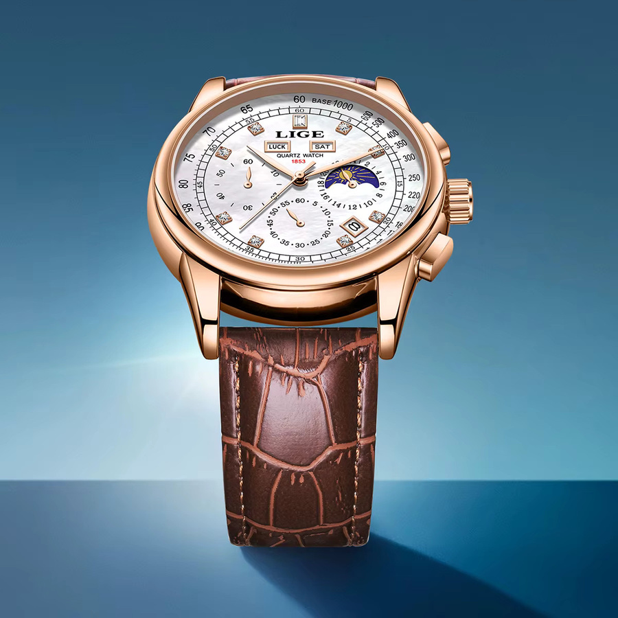 LIGE Armbanduhr Chronograph, Quarz, Weiß, Leder, Herren - Bild 5