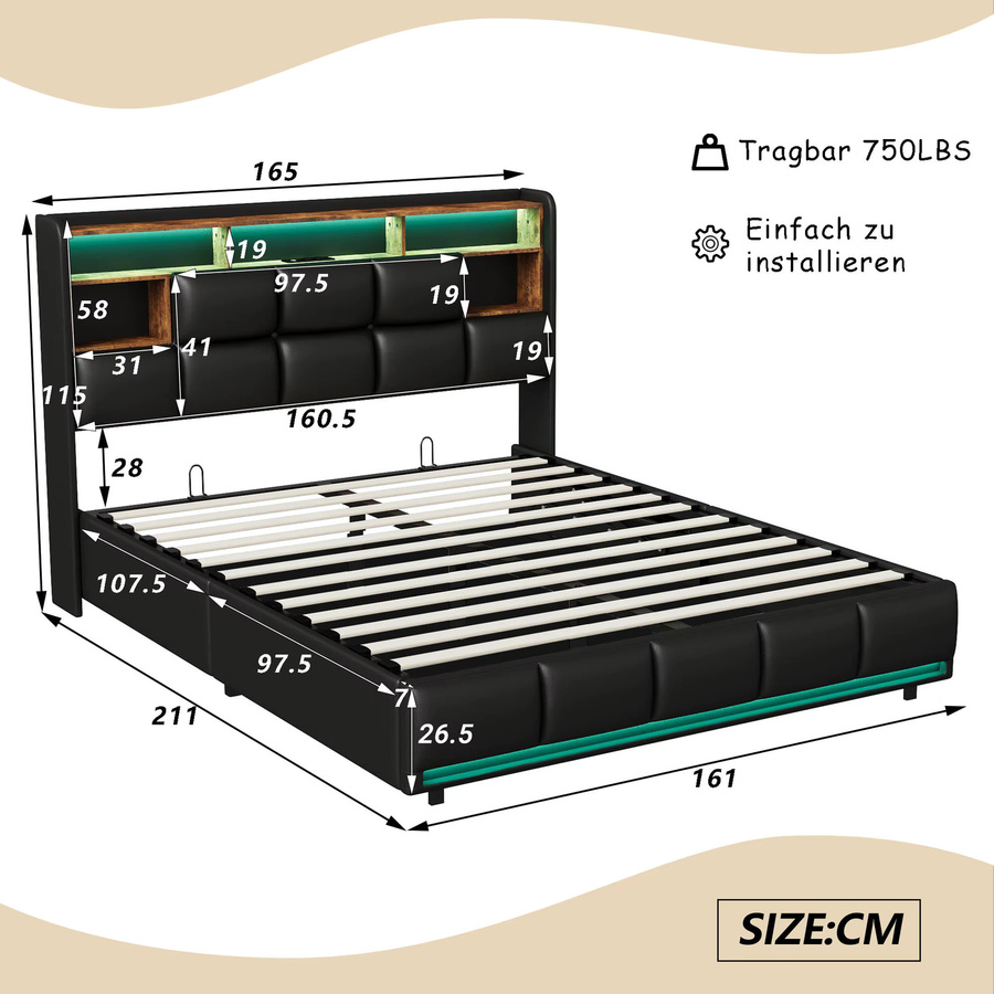 Rosahqnda Doppelbett für Erwachsene mit LED-Beleuchtung und Ablagefächern, gepolstert, Farbe: Schwarz, B/T/H: 160 x 200 cm - Bild 4