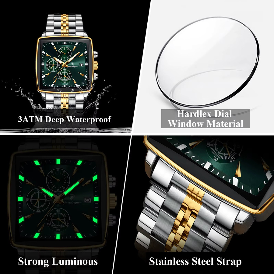 POEDAGAR Armbanduhr Chronograph, Quarz, Edelstahl, Silber, Grün, Herren - Bild 4
